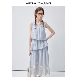 VEGA CHANG Abito Midi a Strati Azzurro per Donne con Scollo Senza Maniche e Orlo con Ricami Floreali, Vestito Casual Boho - Product Image 5