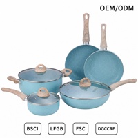 Ensemble de 8 ustensiles de cuisson en aluminium antiadhésif avec revêtement marbré, comprenant wok, poêle, casserole, faitout, couvercles en verre, certifié LFGB BSCI, compatible induction, OEM