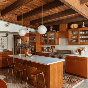Midcentury Modern Kitchen with Orange Flat-Panel Cabinets and Wood Island - Product Image 6
