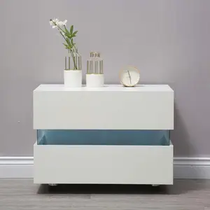 Modern LED Light Nightstand 2 Drawers High Gloss Bedside Table with Remote