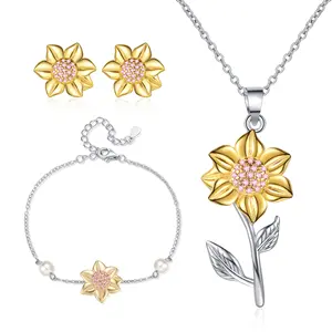 Explosive Sunflower Diamond Necklace Bracelet Set Link Chain Women's Party Wedding Gift Giving Fashionable Sunflower Earrings