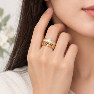 แหวนลายโซ่ สแตนเลสสตีล ชุบทอง 14K แบบสุญญากาศ ประดับเพชรซิร์คอน วงกว้าง พร้อมแถบโซ่และแถบเพชรซิร์คอนทรงบาแกตต์ใส - Product Image 5
