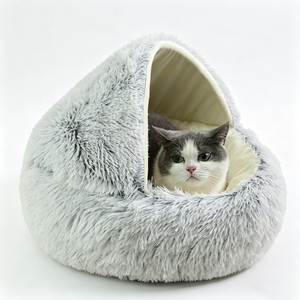 Soft Faux Fur Cat <b>Bed</b> Cave Round Pink White Indoor Pet <b>Nest</b> Removable Washable All Seasons Cute Style - Product Image 4