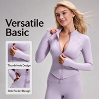 Veste de sport pour femme à fermeture éclair intégrale, col montant, passe-pouces, poches latérales, en polyester et élasthanne, coupe ajustée et courte, pour le yoga, la gym, la course et l'entraînement