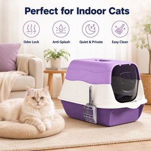 Lettiera <span class=keywords><strong>per</strong></span> <span class=keywords><strong>Gatti</strong></span> con Sportello e Paletta, Design Chiuso Profondo Viola e Bianco <span class=keywords><strong>per</strong></span> il Controllo degli Odori, Ideale <span class=keywords><strong>per</strong></span> <span class=keywords><strong>Gatti</strong></span> da Interno, Spazi Ristretti e Appartamenti - Product Image 1