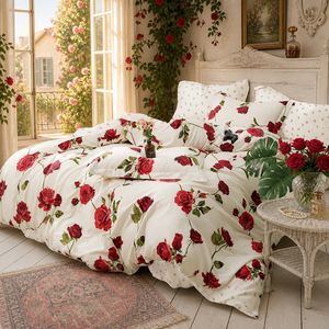 Poland Local Stock Cotton <b>Bed</b> <b>Sheet</b> Set <b>Queen</b> Size Rose Print 3 Piece Duvet Cover EU Dropshipping - Product Image 6