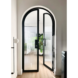 Portes françaises cintrées intérieures avec verre cannelé pour maisons, cadre noir, porte en verre à battants, manuelle pour appartement - Product Image 4