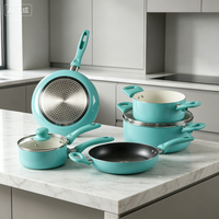 Set Peralatan Masak Anti Lengket 6 Buah Warna Turquoise |   Panci, wajan, tutup kaca, pegangan tahan panas, aman untuk mesin pencuci piring, ramah lingkungan
