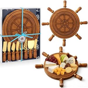 Holiford Wooden Ship <b>Wheel</b> Charcuterie <b>Board</b> Set With Cheese Knives Nautical Design Serving Tray For Kitchen Use - Product Image 5