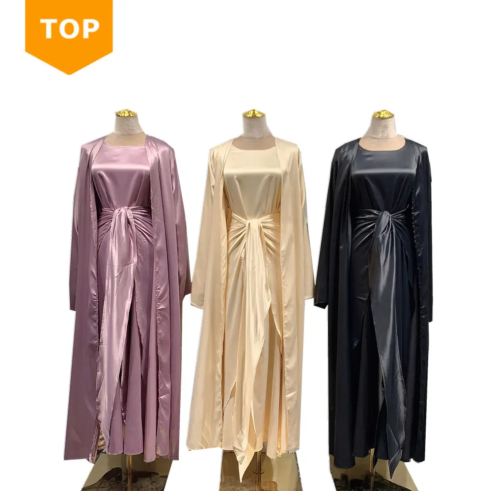 2021 saten 3 adet set mütevazı saten Abaya hediyeler türk İslami moda giyim setleri orta doğu İslam saten elbise