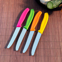 Couteau à steak portable en acier inoxydable, coloré, pour desserts, fruits et tomates, à lame dentelée, avec manche en PP, pour cuisine et table.