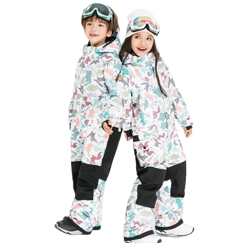 Cartoon verschiedene Design mehrfarbige benutzer definierte Druck Kinder Kind Schnee anzug tragen einteilige Ski Schnee jacke Anzug im Freien