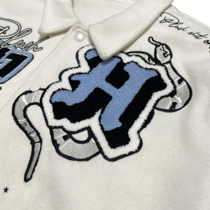 High Quality <b>White</b> Blue Chenille Applique Leather Sleeve <b>Jacket</b> Snake Lips Embroidery Vintage Streetwear Baseball <b>Jacket</b> for Men - Product Image 4
