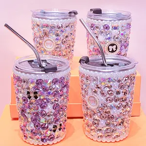 High quality stainless steel coffee cup Straws cup sparkles rhinestone stick rhinestone cup with lid and straws