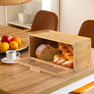Boîte à pain en bambou double couche 36 cm avec couvercle rabattable pour le rangement des aliments et des articles divers de cuisine - Product Image 4