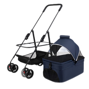 Poussette pliable bleue pour animaux de compagnie avec 4 roues, panier de transport respirant en maille pour chien, chariot de voyage portable pour usage extérieur - Product Image 4