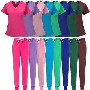 Women Scrub Suit Set Moisture Wicking Knitted Split Uniform Hospital Workwear Short Sleeve Two Piece Stretch Lightweight - Product Image 1
