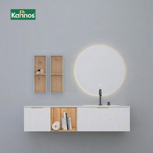 Meubles-lavabos de salle de bain de luxe en bois incrusté avec miroir LED intelligent anti-buée, étagère ouverte et tiroir à fermeture douce - Product Image 1