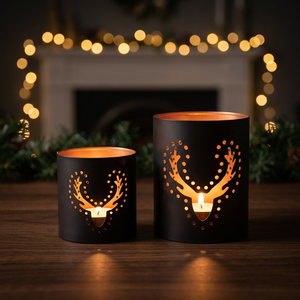 Lanternes porte-bougies en fer noir faites à la main Sonnet Decor avec motif cerf découpé, résistantes à la chaleur, décoration de Noël pour la maison, lot de 2 - Product Image 2