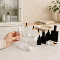 Flacon compte-gouttes en verre givré carré et rectangulaire plat réutilisable de 30 ml, 50 ml, 100 ml avec boîtes en papier pour huile capillaire et sérum