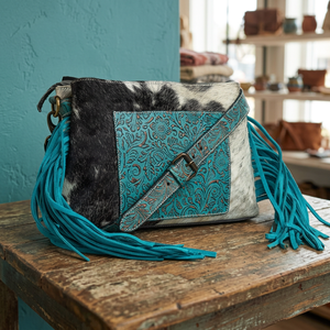 Sac à bandoulière bohème en cuir de vachette véritable avec franges à pompons turquoise, fermeture à boucle à sangle unique pour femme - Product Image 5