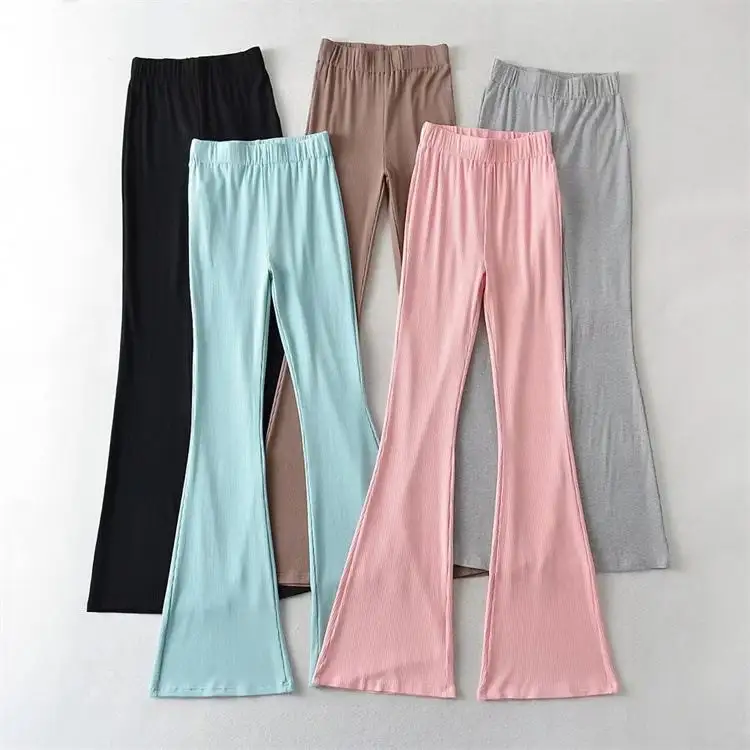 Wholesale drop shipping Y2K custom High Waist Flares Floor Length Trousers Candy Color High Stretch Rib Women Pants