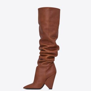 Botas De Mujer Unique Plisado Slip on Kone Heel Hasta La Rodilla 2025 Zapatos De Mujer Botas De Mujer - Product Image 3