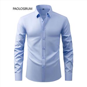 Camisa de Manga Larga para Hombre, Color Sólido, Elástica, Resistente a las Arrugas, Sin Plancha, Tallas Grandes XS S M L XL XXL XXXL, Corte Juvenil - Product Image 4