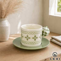 Nouvel ensemble tasse à café et soucoupe en céramique à motif quadrillé avec poignée, motif floral en treillis vert sauge, pour la décoration intérieure LEXI