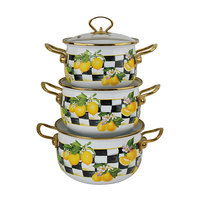 Pot à soupe en émail Boyang personnalisé avec impression citron, 3 pièces, avec deux poignées dorées