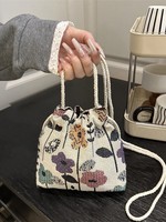 Sac à dos en toile vintage à motif floral avec cordon de serrage, mini sac à main en peluche pour femme, sac à bandoulière mignon pour téléphone, petit sac décontracté pour femme au quotidien