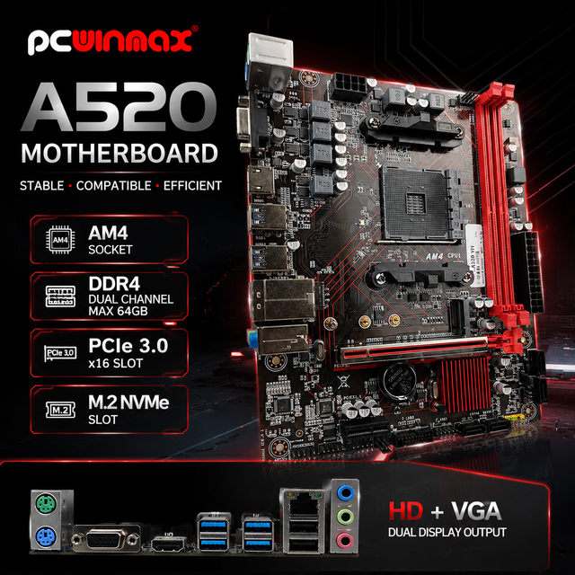 PCWINMAX Cost-Effective New A520 AM4 Micro ATX DDR4 64GB Gaming Motherboard OEM Factory Direct for Office & Home Desktop Builds