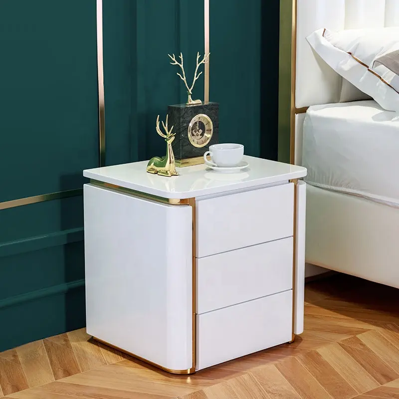 Tabela de cama de luxo de cor branca, mesa de cabeceira com 3 gavetas
