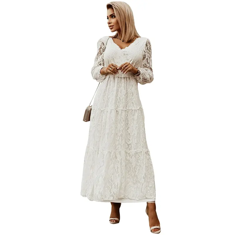 Elegant v neck collar white Lace patchwork high waist slim Ruffle maxi Fashion Casual Custom smock vintage boho dress