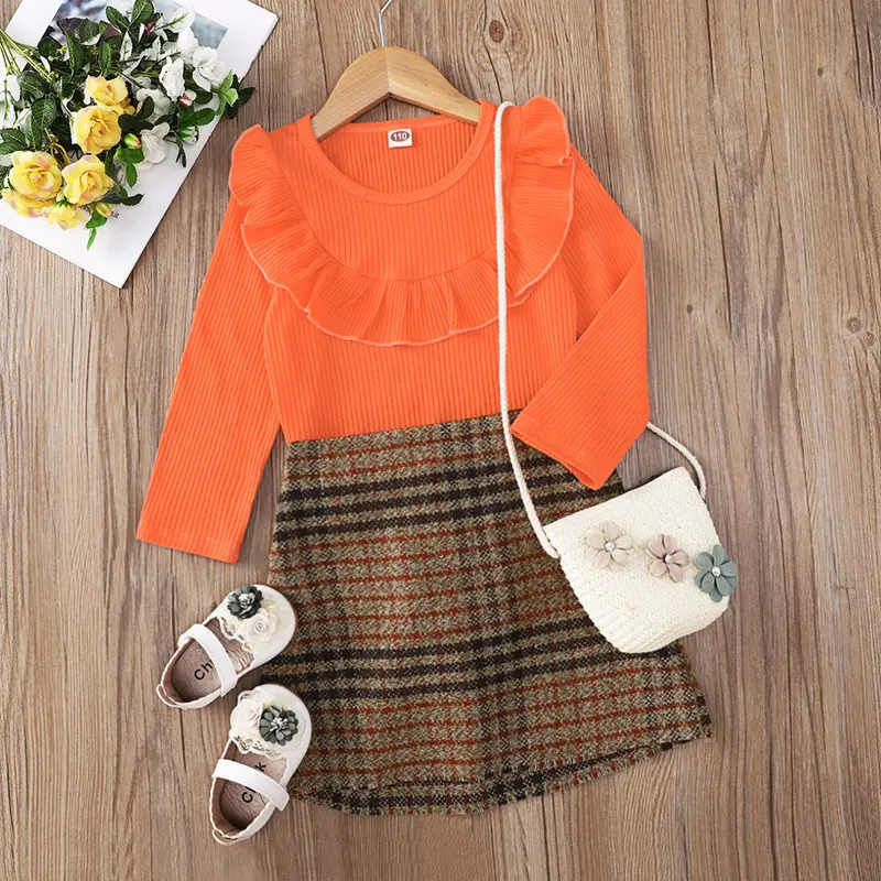Conjunto de roupas para meninas 2021, conjunto de 2 peças para camisa de outono laranja com babado + saia xadrez marrom de 4-8 anos