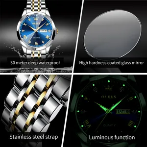 OLEVS 9931Men's Watches Mirror Original Quartz Watch For Man Waterproof Luminous Stainless Steel Wristwatch Male Week Date Hours