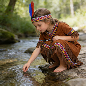 Costume d'Halloween pour enfants, style autochtone amérindien, inspiré de films et de séries télévisées, avec robe à manches courtes et col rond, ceinture et bandeau à pompons - Product Image 6