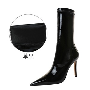 Bottes mi-mollet pour femme en cuir verni style occidental à talon haut - Élastiques, amincissantes, à bout pointu, sexy et de qualité pour la marche - Product Image 3