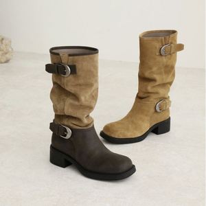 Nouvelle Arrivée 2026 – Bottes Western Rétro à Jambe Droite pour Femme avec Boucles Métalliques et Daim Bicolore - Product Image 3