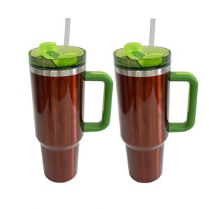 Vaso Térmico de 40 oz, Color Rosa Dorado, Modelo Watermelon Moonshine H2.0, con Asa Verde y Tapas - Product Image 3