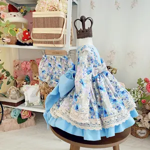 172527 yeni varış mavi çiçek çok katmanlı ispanyolca bebek önlüklü elbiseler kız elbise fırfır toptan çocuk giyim çocuk