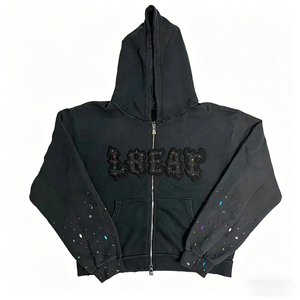 Felpa con Cappuccio Unisex Vintage Effetto Acido e Distressed, Ricamo Personalizzato con Patch, Streetwear, Felpe con Strass da Uomo, Personalizzabile con Numero e Parola - Product Image 1