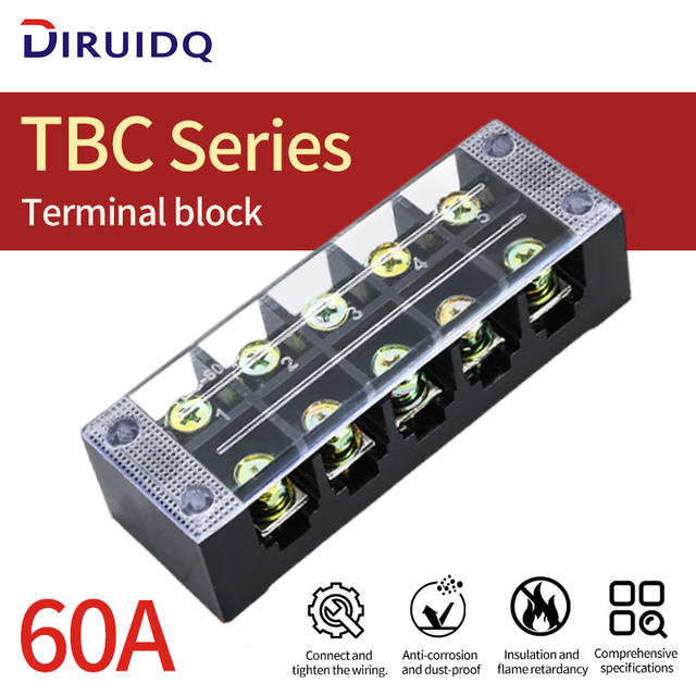 TBC-6003 60A 600V Brass Bolt Connection Barrier Terminal Block >30 AWG Conductor 2-5 Poles for Industrial Applications