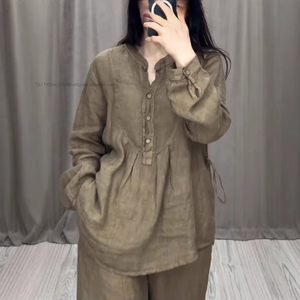 ชุดเซ็ต 2 ชิ้น เสื้อแขนยาวผ้าฝ้ายผสมลินินใส่สบายสำหรับผู้หญิงช่วงฤดูใบไม้ร่วง และกางเกงขายาวทรงหลวมเอวยางยืดแบบลำลอง แฟชั่น - Product Image 4