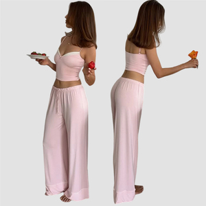 Mock Two Piece Sleepwear Sleeveless Top and Comfort Pants <b>Set</b> Women Homewear Loose Pajamas - Product Image 4