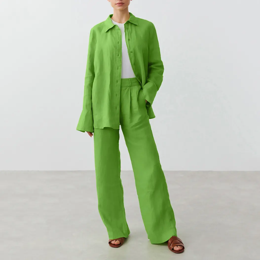 Custom Women Spring Clothing Cotton And Linen Button Long Sleeve Pants Suit Outfits Autumn Fashion Green 2 Two Piece Set Female