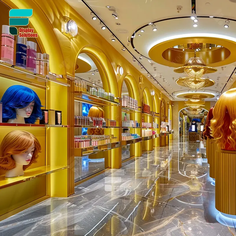 New Decoration Cosmetic Gold Metal Shelves Perfume Retail Display Wig Wall Shelf Kiosk Beauty Bar