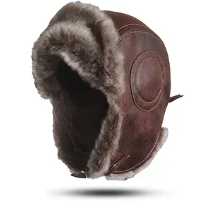 หมวกไหมพรมรัสเซียสำหรับนักบินฤดูหนาว,หมวกขนสัตว์เทียมหมวกกันหนาวหนากันลมหนัง PU ปิดหูหมวกกันหิมะปี WXL500
