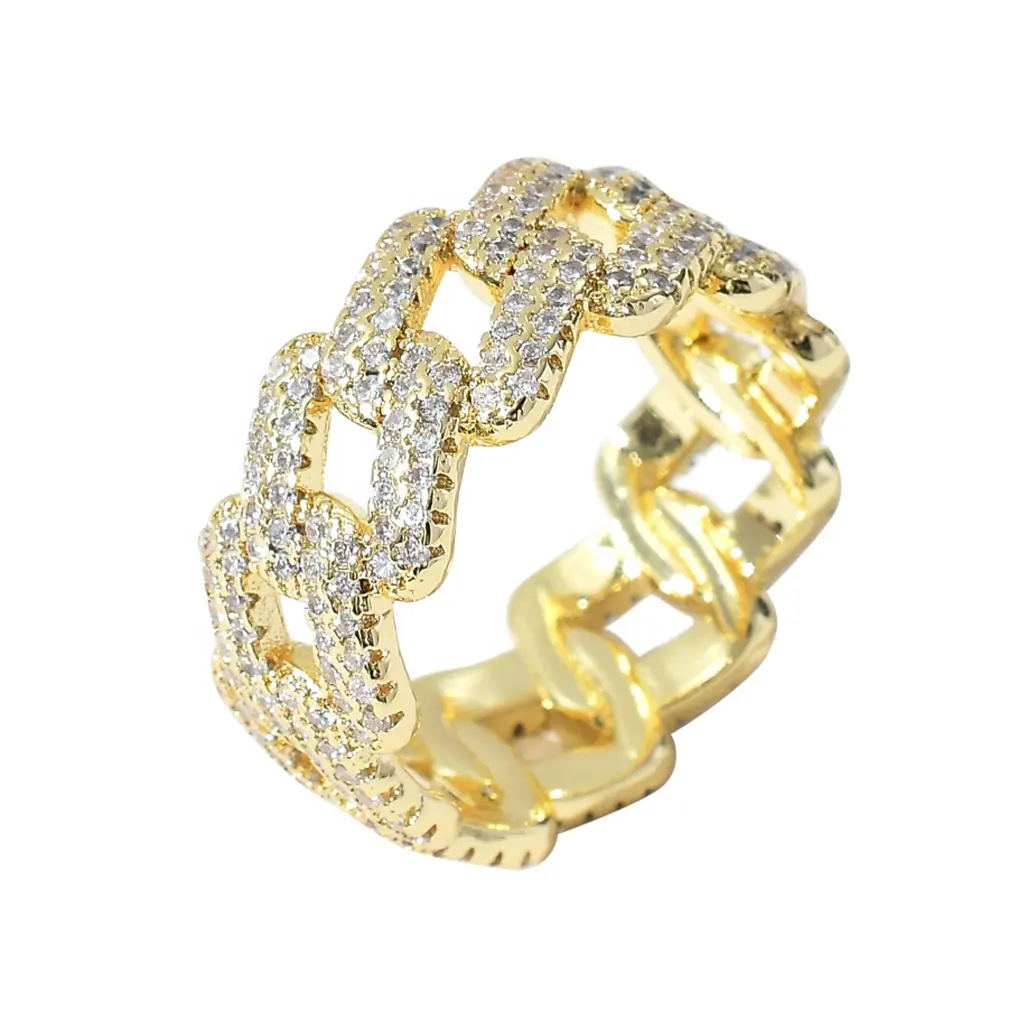Premium Custom HipHop Full Set Zircon Cuban Link Ring Full Diamond Wedding Couple Ring Fashion Charm Fine Jewelry Ring Wholesale