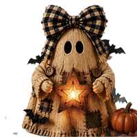 Ensemble de 5 décorations d'Halloween en bois : lanternes monstres, figurines citrouille, fantôme, momie, squelette et balai en MDF